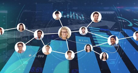 Composition of people connected globally through networking with graphical charts in background