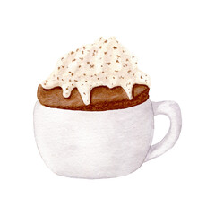 Watercolor cake in a mug. Sponge cake, pastries in a mug with cream. Baking in the microwave. Design for menus, stickers. Biscuit.