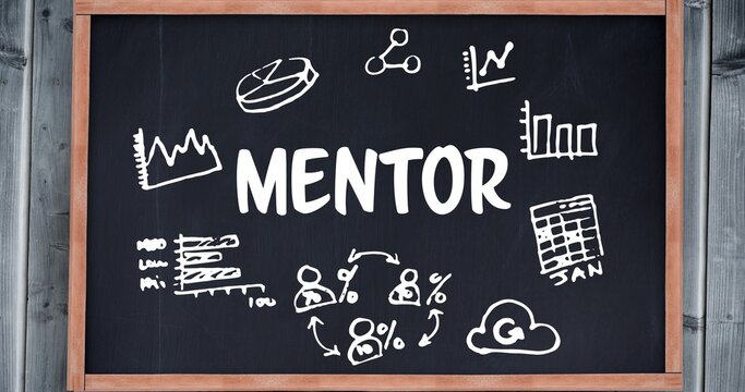 Mentor text amidst various icon drawings on blackboard mounted on wooden wall