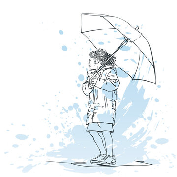 girl standing under umbrella in rain clip art preview