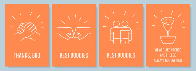 Fototapeta premium Celebrating joy of true friendship postcard with linear glyph icon set. Greeting card with decorative vector design. Simple style poster with creative lineart illustration. Flyer with holiday wish