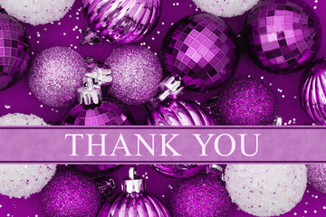 Thank You greeting with purple and white ball ornaments