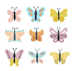 Set of butterflies isolated on white background. Collection of tropical flying insects with colorful wings. Vector illustrations.