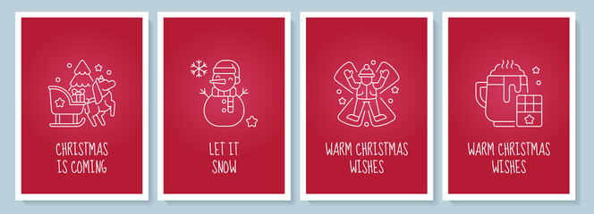 Celebrate Christmas fest postcard with linear glyph icon set. Greeting card with decorative vector design. Simple style poster with creative lineart illustration. Flyer with holiday wish