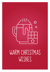 Keep warm and cozy postcard with linear glyph icon. Drinking hot chocolate. Greeting card with decorative vector design. Simple style poster with creative lineart illustration. Flyer with holiday wish