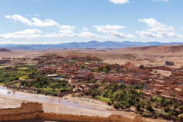 Ounila river and Ait Ben Haddou. Mountain view from Ksar Ait Ben Haddou. Morocco
