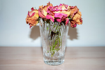 Pink dry faded roses in glass vase on wooden shelf, autumn home decoration
