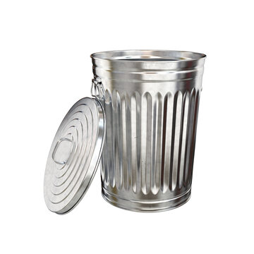 Trash can with open lid silver on white background, 3d render