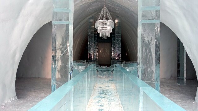 Jukkasjarvi, Sweden, February 27, 2020. A Glimpse Of The Interior Room Of The Ice Hotel