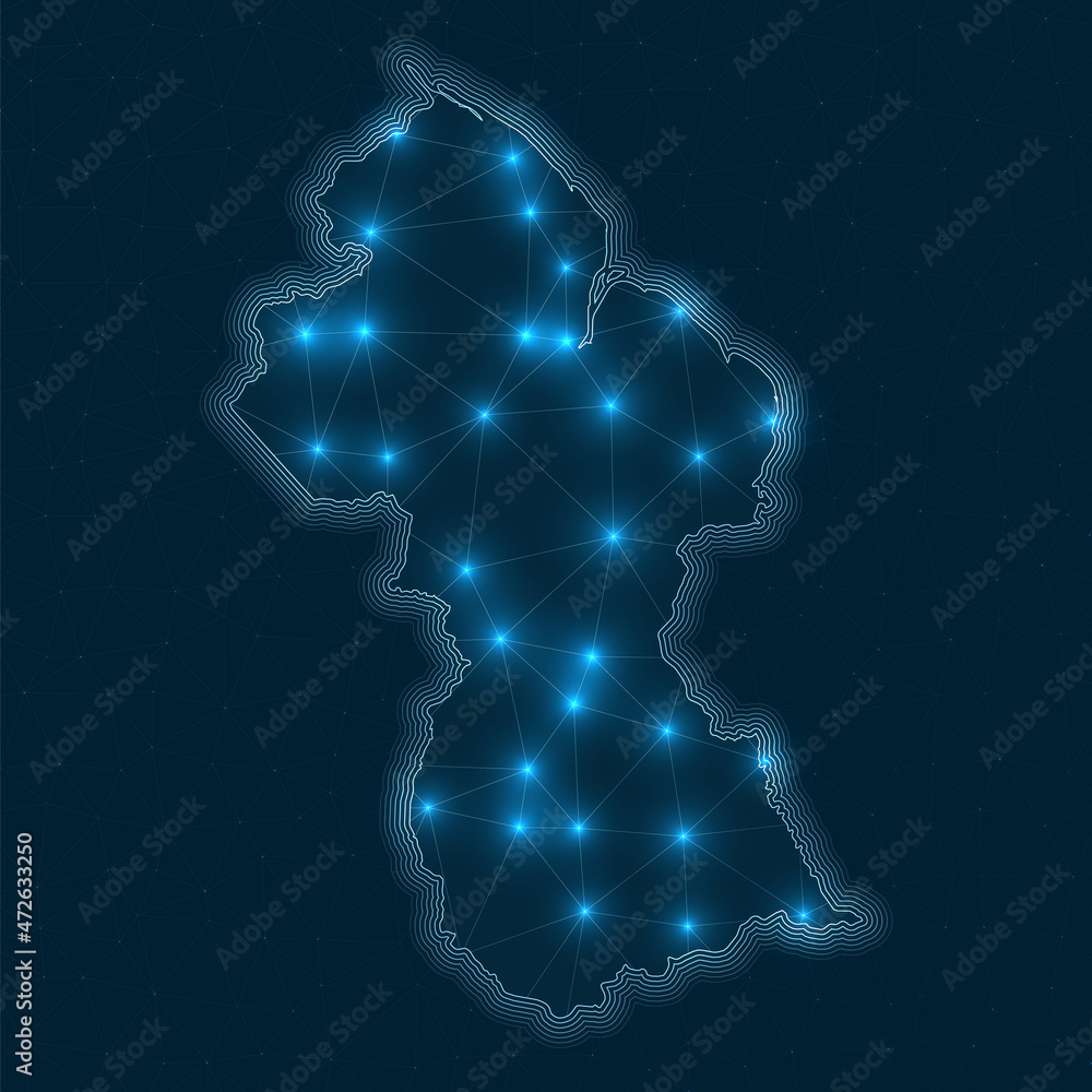 Poster guyana network map. abstract geometric map of the country. digital connections and telecommunication
