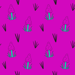 Seamless vector pattern with mushrooms on purple background. Сoncept for fabric and paper, surface textures.