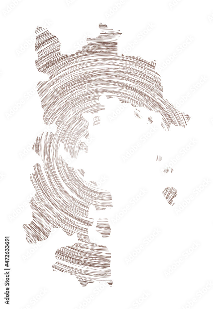 Poster patmos map filled with concentric circles. sketch style circles in shape of the island. vector illus