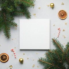 Fototapeta na wymiar Blank white canvas frame and Christmas decorations. Mockup poster, Christmas concept. Top view.