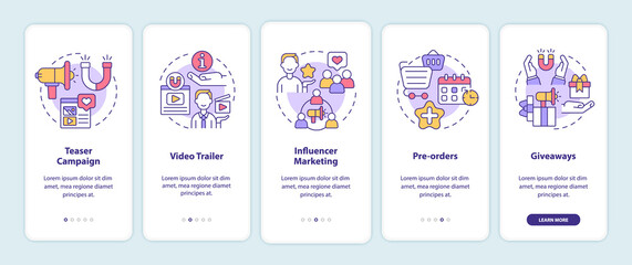 Promotion startup strategy tips onboarding mobile app page screen. Small business walkthrough 5 steps graphic instructions with concepts. UI, UX, GUI vector template with linear color illustrations