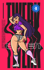 Twerk poster design. Cartoon style girl. Poster for booty dance course or battle.