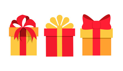 Three gifts. Gift boxes in yellow and red with a bow. Vector illustration, flat minimal cartoon color design, isolated on white background, eps 10.