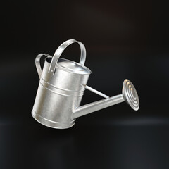 Metal tilted silver watering can on a black background, 3d render