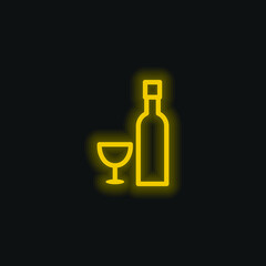 Bottle And Glass yellow glowing neon icon