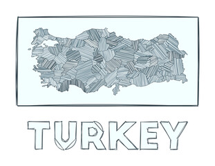 Sketch map of Turkey. Grayscale hand drawn map of the country. Filled regions with hachure stripes. Vector illustration.