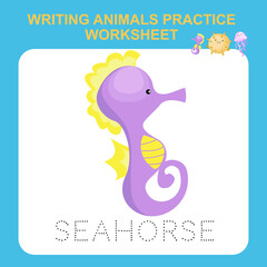 Illustration of writing animals practice worksheet. Educational printable worksheet. Exercises lettering game for kids. Vector illustration.