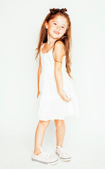 little cute spring girl in fancy dress isolated on white background, fashion stylish kid, lifestyle people concept