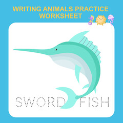 Illustration of writing animals practice worksheet. Educational printable worksheet. Exercises lettering game for kids. Vector illustration.