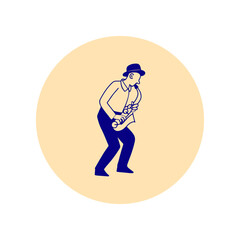 Circle icon with musician playing on saxophone, line art style isolated vector illustration