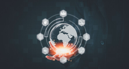 Metaverse Technology, Global business, Digital marketing, Digital link tech, IoT Internet of Things, Big data concept. Hand holding virtual world connect Global Network and Data Exchange.