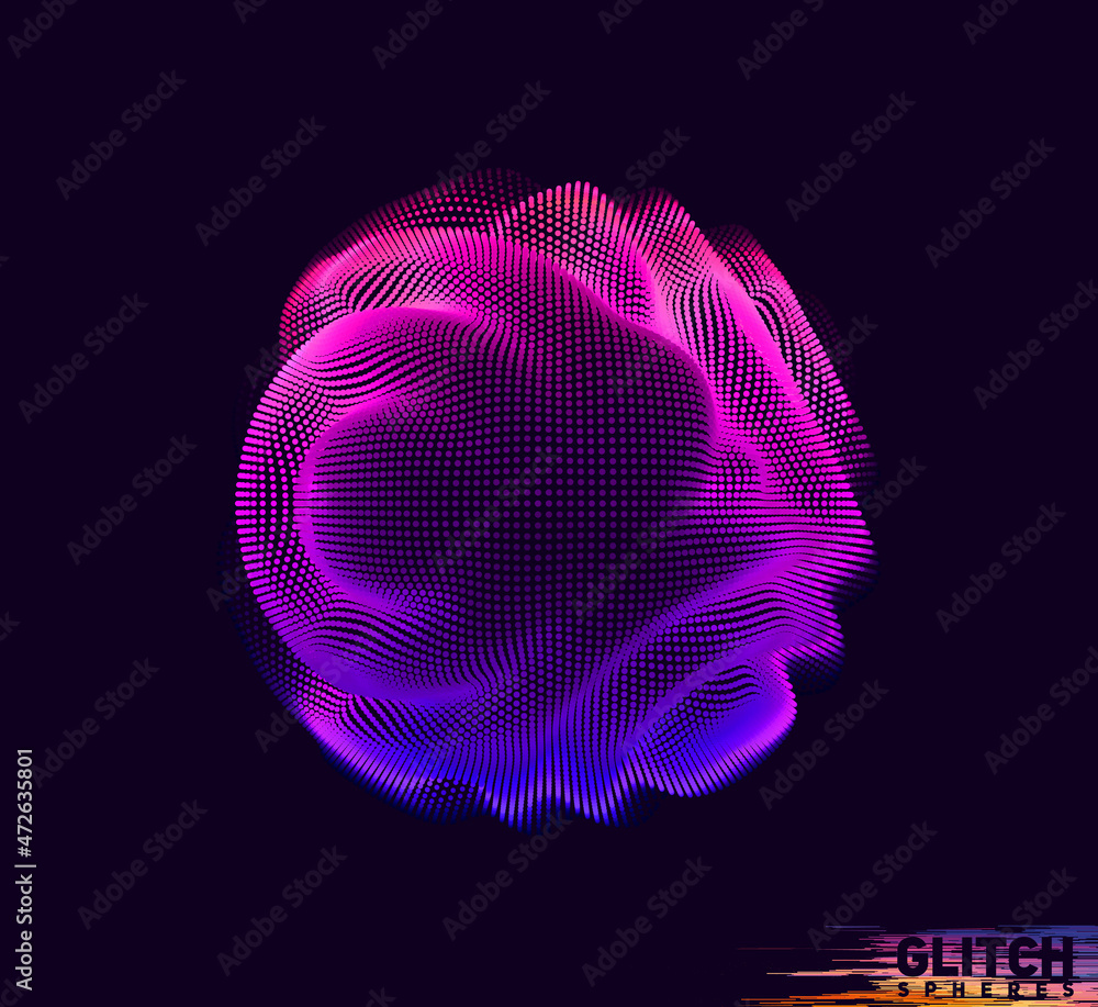 Poster corrupted violet point sphere. abstract vector colorful mesh on dark background. futuristic style ca