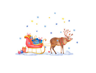 Watercolor illustration of Santa's reindeer with gifts in a sleigh. New Year's card. It is well suited for your Christmas card design, textiles, gifts.