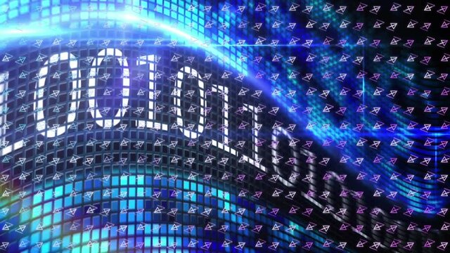 Animation of rows of pattern spinning over binary coding and data processing