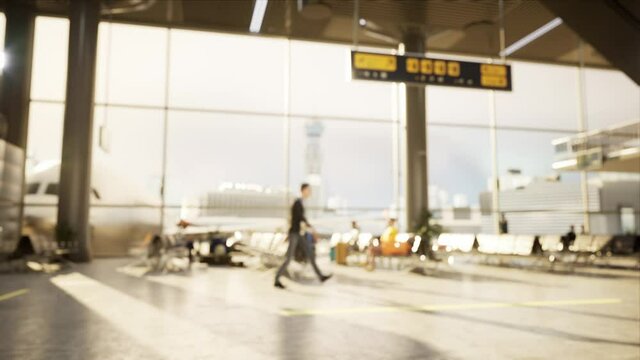 Defocus Airport terminal waiting hall with people in sunlight and airplane ready for boarding waiting in the gate. High quality 3d photorealistic render