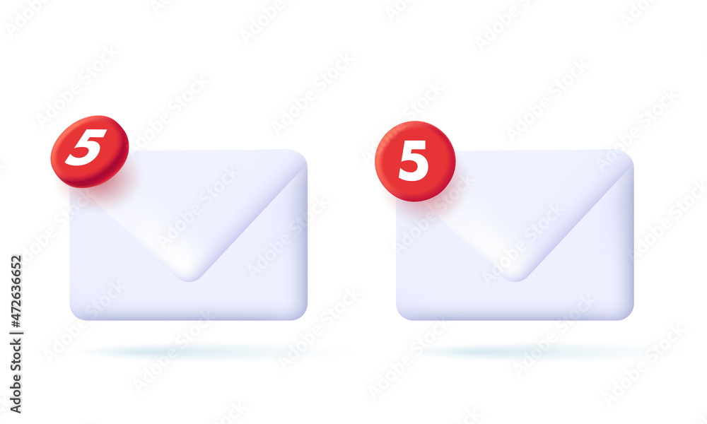 Poster incoming messages icon with notification in red circle above envelope icon, 3d render illustration