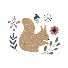 Little squirrel with berries, flowers and acorn, Scandinavian style isolated hand drawn vector clipart