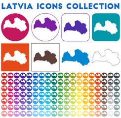 Latvia icons collection. Bright colourful trendy map icons. Modern Latvia badge with country map. Vector illustration.