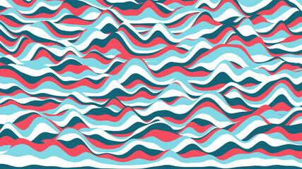 Retro blue and red stripes distorted backdrop. Procedural vintage ripple background with optical illusion effect