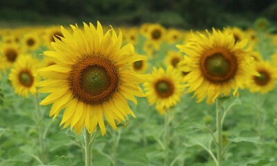 Fototapeta premium Sunflowers in the sunflower field focus on the front flower.