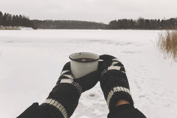 Hands in cozy gloves holding warm cup of tea on background of  snow lake in winter. Hiking and traveling in cold winter season. Warm drink. Space for text. Wanderlust