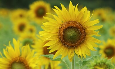 Sunflowers in the sunflower field focus on the front flower.