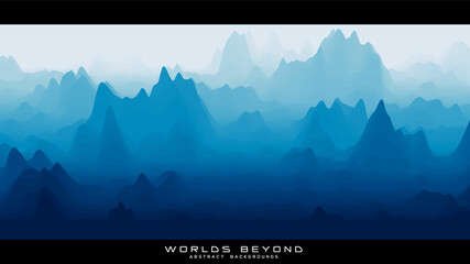 Abstract blue landscape with misty fog till horizon over mountain slopes. Gradient eroded terrain surface. Worlds beyond.