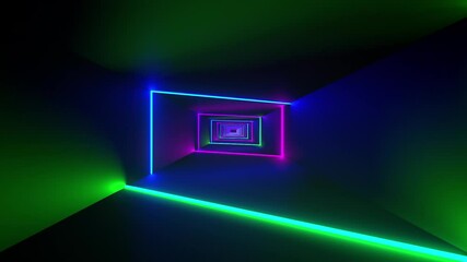 Animation of colourful neon light beams forming rectangles moving over black background