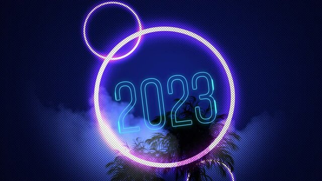 Animation of 2023 text in blue neon with pink neon circles over black palm tree on blue cloudy sky
