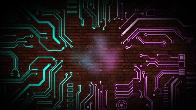 Animation of glowing pink and blue neon motherboard circuit, on brick wall background
