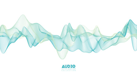 3d audio soundwave. Light green music pulse oscillation. Glowing impulse pattern - obrazy, fototapety, plakaty