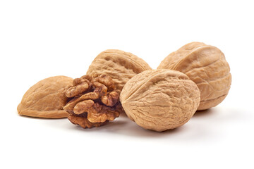Walnuts with kernel, isolated on white background.