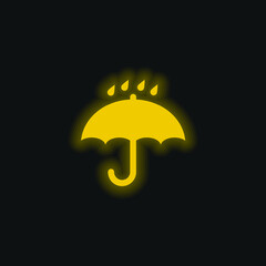 Black Opened Umbrella Symbol With Rain Drops Falling On It yellow glowing neon icon