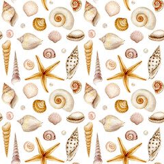Seamless pattern of watercolor seashells.