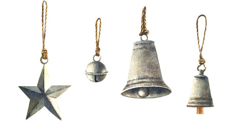 A set of metal bells. Christmas decorations. Watercolor illustration.