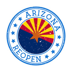 Arizona Reopening Stamp. Round badge of US State with the flag of Arizona. Reopening after lockdown sign. Vector illustration.