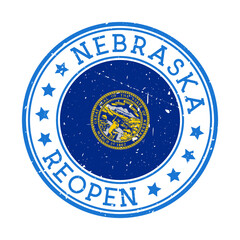 Nebraska Reopening Stamp. Round badge of US State with the flag of Nebraska. Reopening after lockdown sign. Vector illustration.